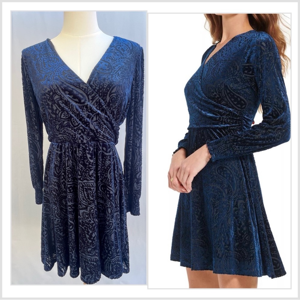 Tommy‎ Hilfiger Velvet Burnout Fit & Flare Mini Dress Navy Size 12 Petite